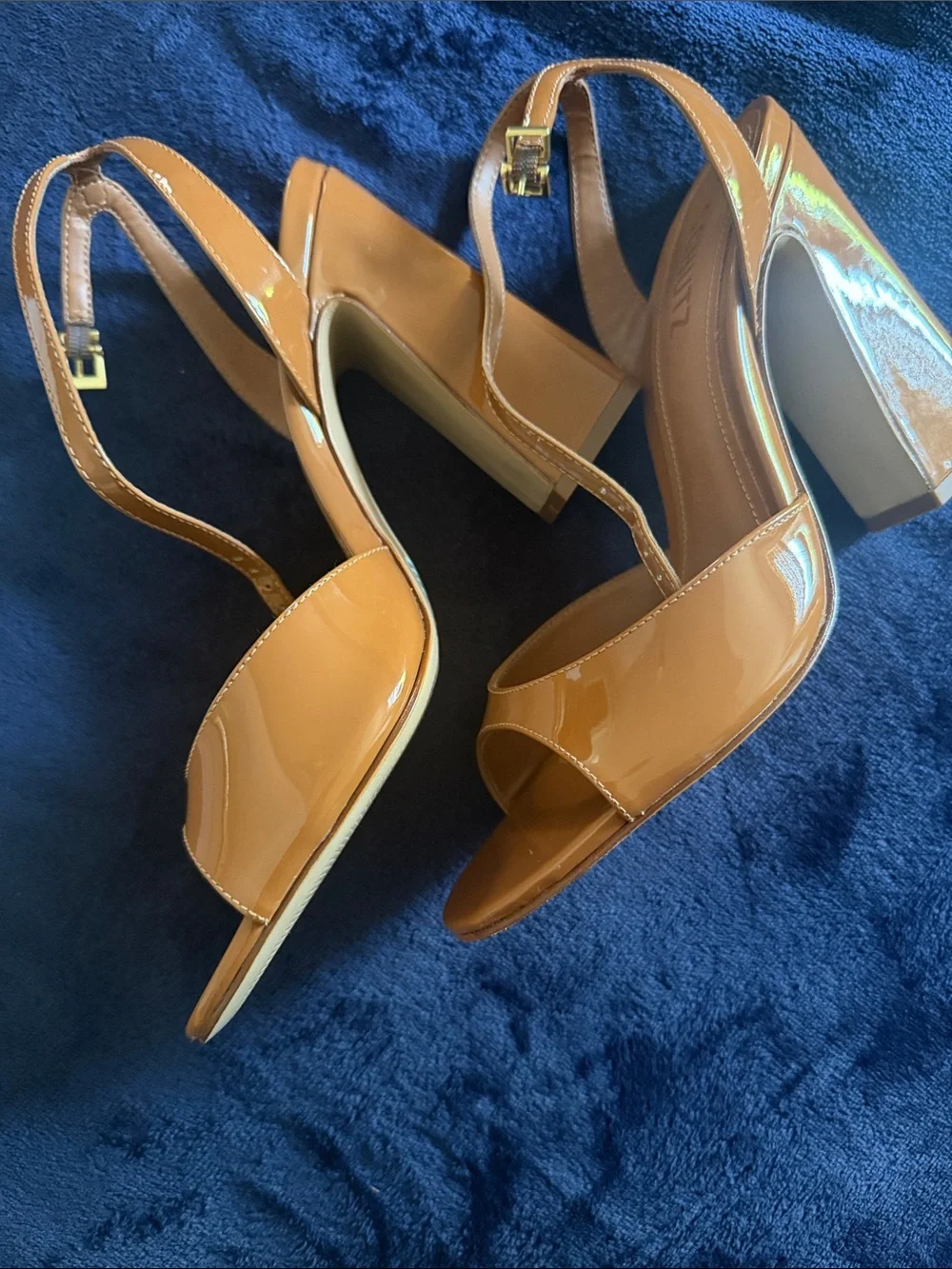 SCHUTZ Glossy Camel Patent Leather Strappy Sandals